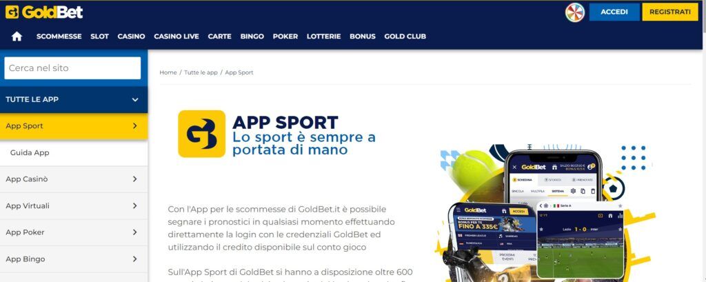 Schermata dell app Goldbet su dispositivi mobile