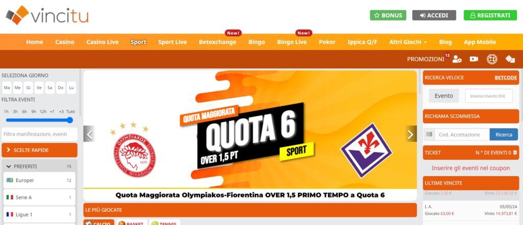 Schermata della piattaforma Vincitu Casino che mostra slot e promozioni